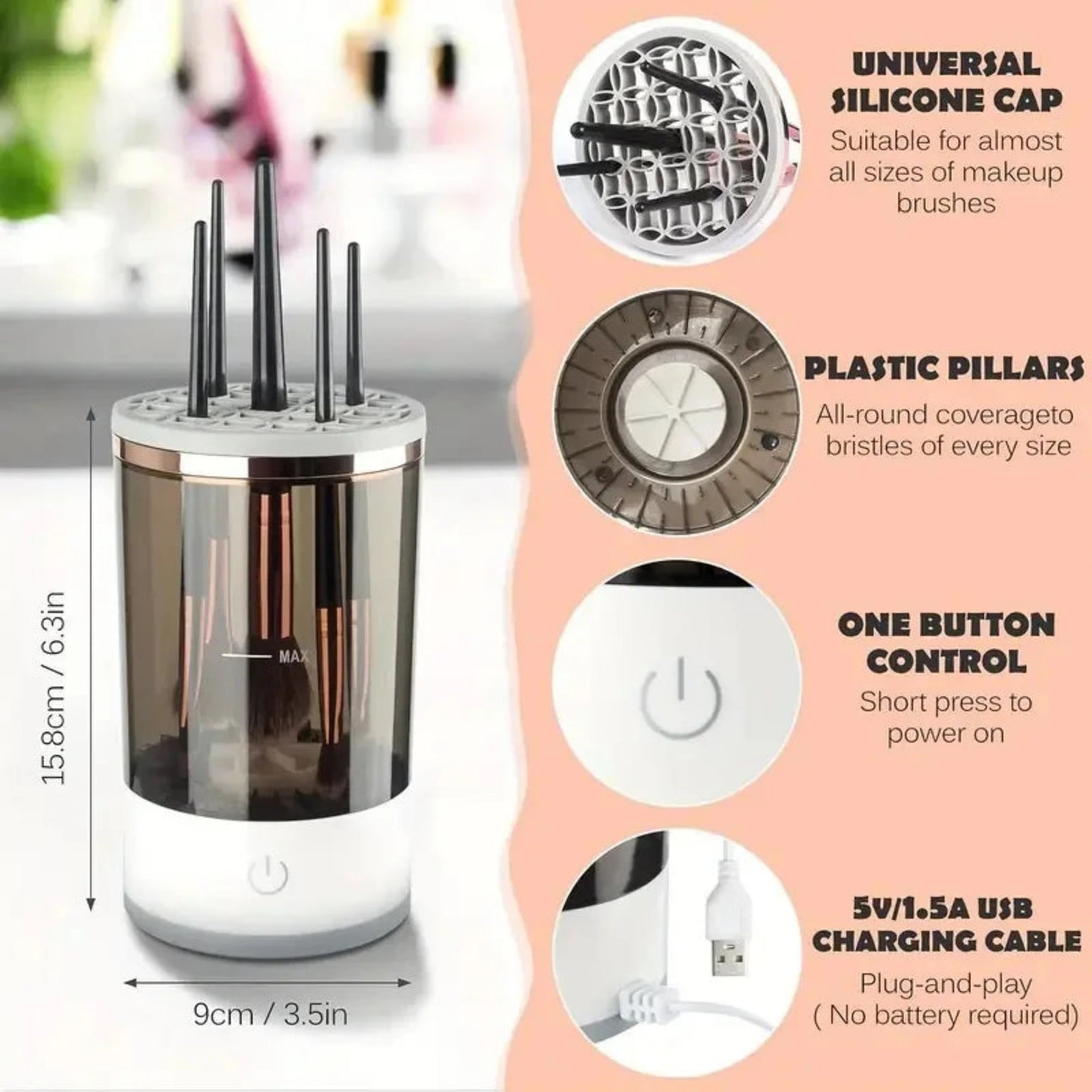 ProClean™ USB Electric Makeup Brush Cleaner – Automatic Quick-Dry Spinner for All Brush Sizes